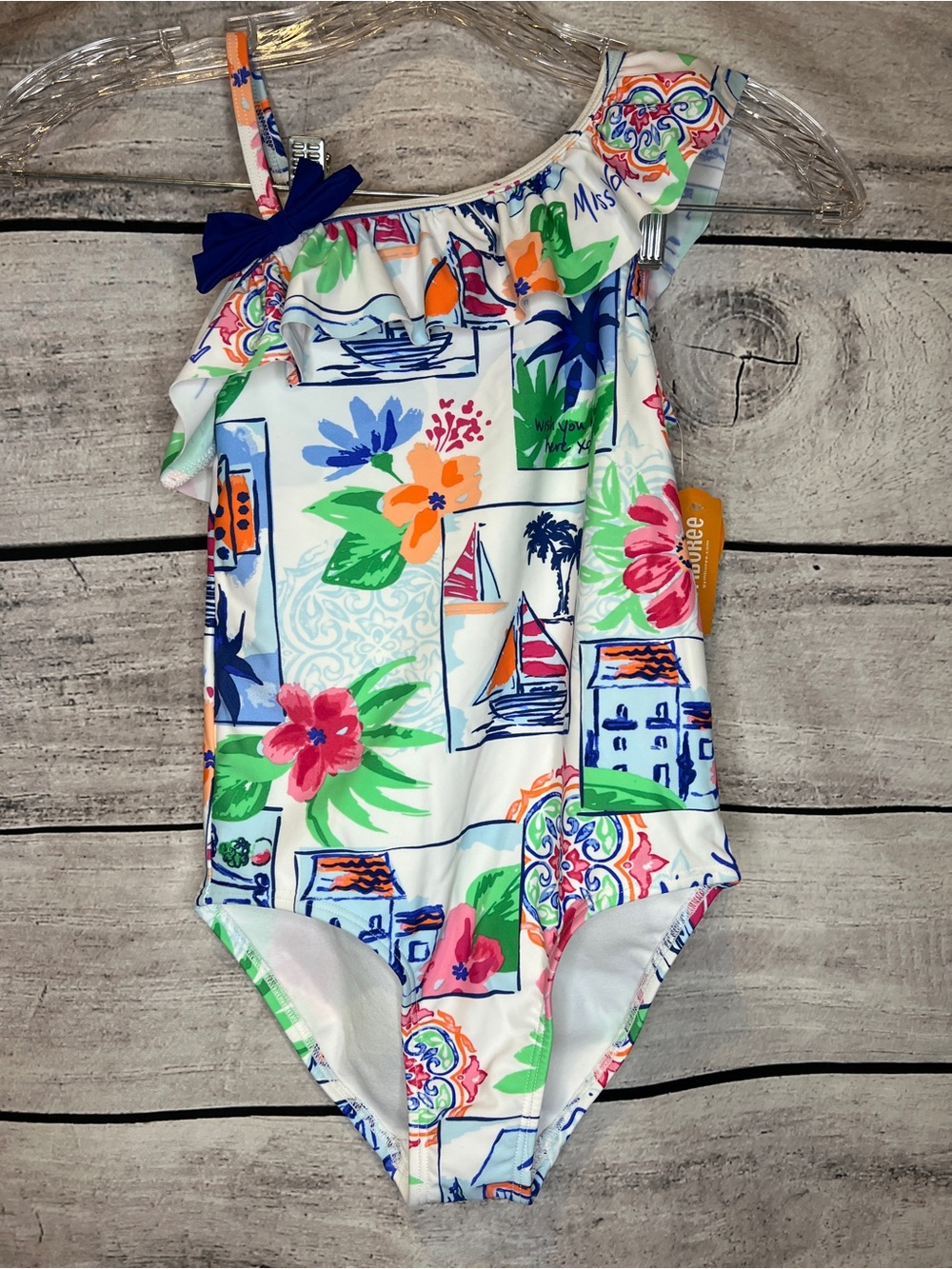 Gymboree Swimsuit One Shoulder Frilly Ruffle Spaghetti Strap Nautical Floral